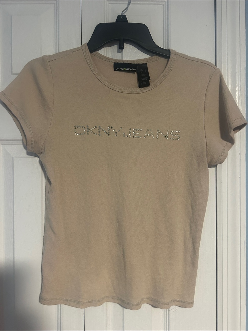 DKNY Short Sleeve Logo Tee in Beige with Crystal Detail